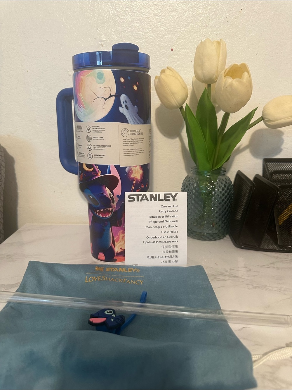 Stanley Blue Travel Mug with Whimsical Space & Ghost Art